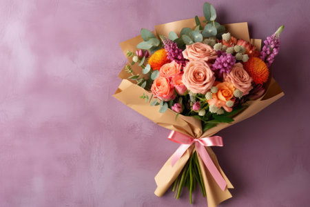 Bouquet of flowers in a paper bag on a purple background.の素材