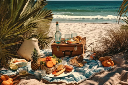 Picnic on the beach with fruits and wine. Vintage style.の素材