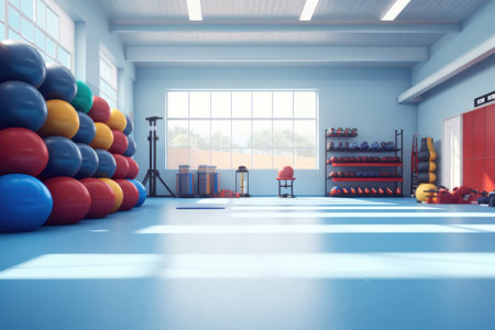 3d render of fitness room with fitness balls and barbellsの素材