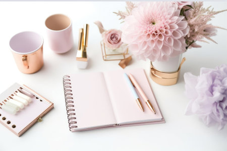 Composition with notebook, cosmetics and flowers on white background, closeupの素材