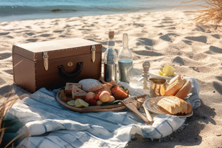 Picnic on the beach. Picnic basket with food and drinks on the sand.の素材