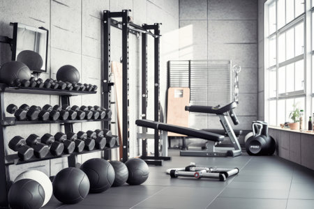 Interior of a fitness hall with gym equipment. 3d renderingの素材