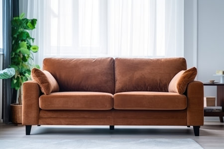 Brown leather sofa in the living room. Cozy home interior.の素材