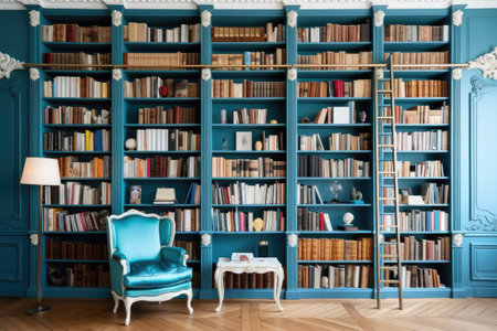 Luxury living room with blue bookshelves and armchairの素材