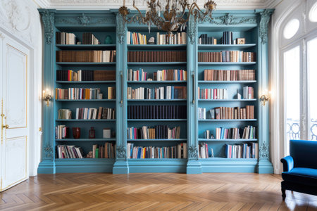 Luxury classic library interior with blue walls and wooden floor.の素材