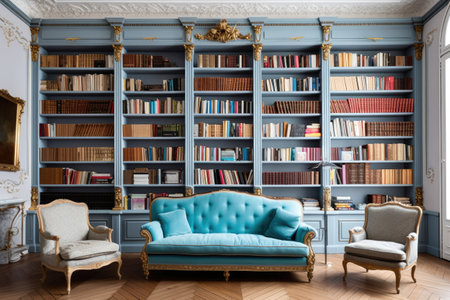 Luxury interior of a living room with bookshelves, sofa and armchairの素材