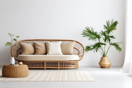 Interior of modern living room with wicker sofa and plants.の素材