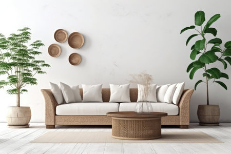 Modern living room with brown sofa and plant - 3D Renderingの素材