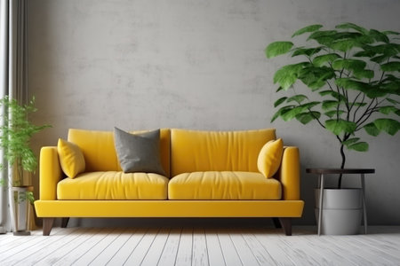 Modern living room with yellow sofa and plant. 3d render.の素材