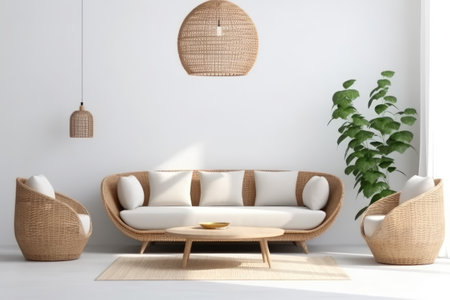 Interior of modern living room with white walls, concrete floor, comfortable sofa and round coffee table. 3d renderの素材