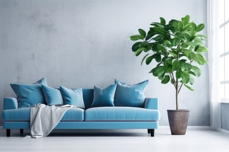 Modern living room interior with blue sofa and plant. 3d renderingの素材