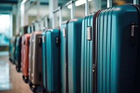 Group of blue and brown suitcases in a row in airport terminalの素材