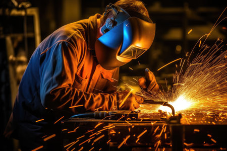 Industrial worker wearing safety mask and welding metal with sparks at factoryの素材
