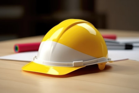 Yellow hard hat on the desk in the office. Construction concept.の素材