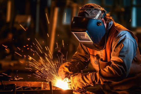 Male welder in protective mask welding metal with sparks in factory.の素材