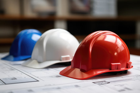Standard construction safety hardhat or helmet on blueprints. Engineering and architecture concept.の素材