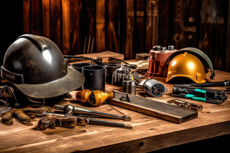 Old tools on a wooden background. Vintage style. Selective focus.の素材