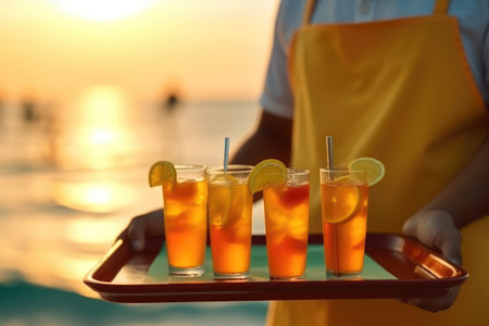 Cocktails on a tray on the background of the sea.の素材