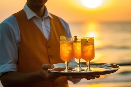 Waiter serving cocktails on the beach at sunset time. Concept of summer vacation.の素材