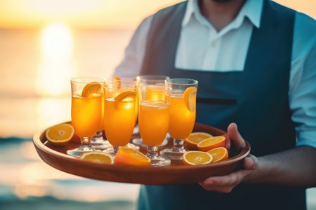 Waiter holding a tray with a tray of freshly squeezed orange juice.の素材