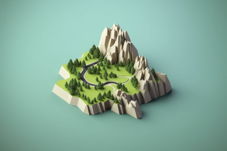 3d rendering of a mountain landscape with a road in the middleの素材