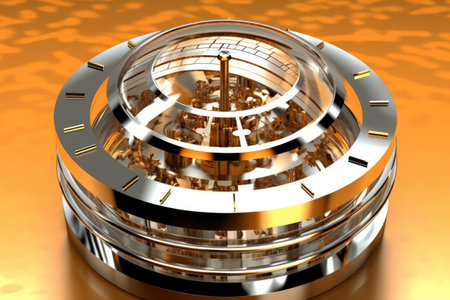 3d illustration of ring clock over orange background with reflection, time conceptの素材