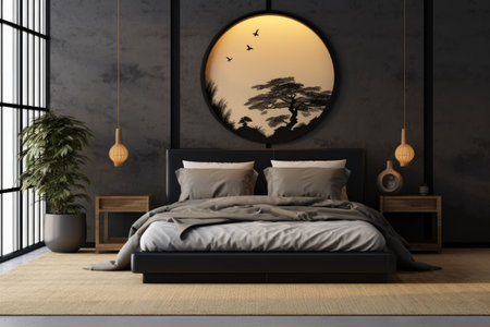 Interior of modern bedroom with black wall and wooden bed. 3d renderの素材
