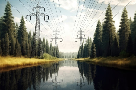 Electric transmission tower pylons stretching across AI Generatedの素材
