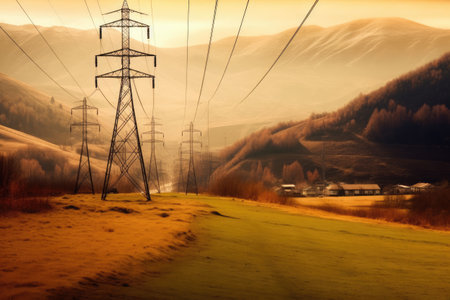 Electric transmission tower pylons stretching across AI Generatedの素材