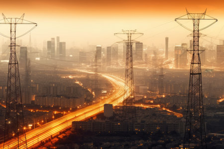 Electric transmission tower pylons stretching across AI Generatedの素材