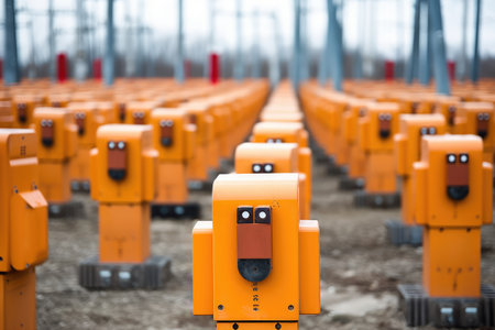 Electric power equipment in a row on the construction site. Selective focus.の素材