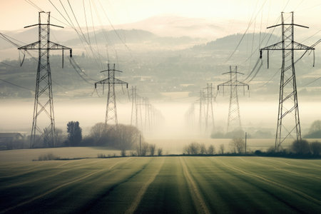 Electric transmission tower pylons stretching across AI Generatedの素材