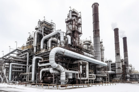 Petrochemical plant with pipes and valves in winter, Russia.の素材