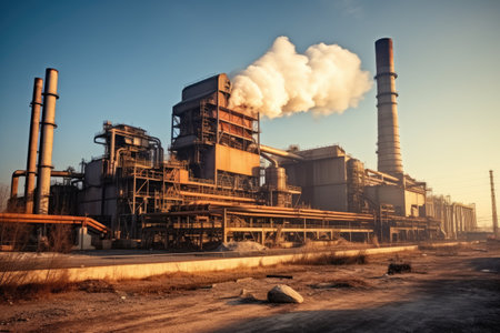 Industrial landscape with smokestack and smoking chimneys.の素材
