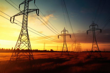 Electric transmission tower pylons stretching across AI Generatedの素材