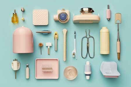 Top view of manicure tools and accessories on pastel blue backgroundの素材