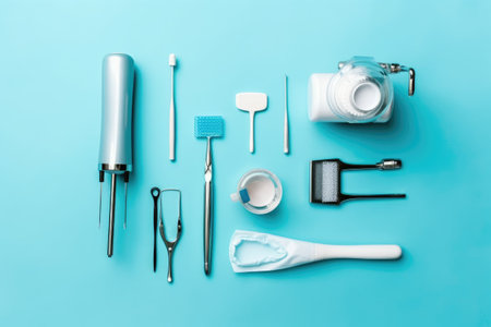 Set of tools for manicure on blue background. Top view.の素材