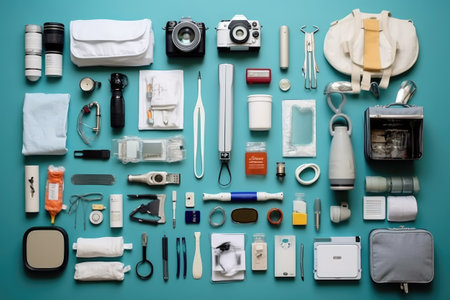 Flat lay photo of medical equipment and accessories on blue background.の素材
