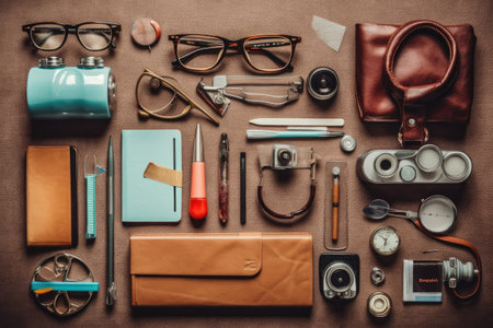 Vintage camera and accessories on brown background. Flat lay style.の素材