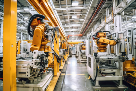 Production line of the factory for the production of industrial robots and automated machinery. Industrial robots and automated machinery working in a factoryの素材
