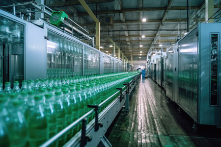 Conveyor belt with plastic bottles at a modern beverage factory.の素材