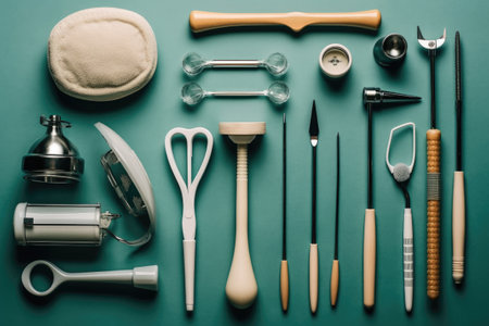 Set of tools for manicure and pedicure on green backgroundの素材