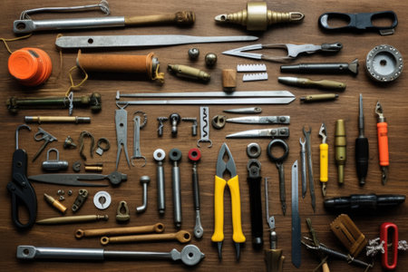 Variety of tools on a wooden background. Top view. Selective focus.の素材
