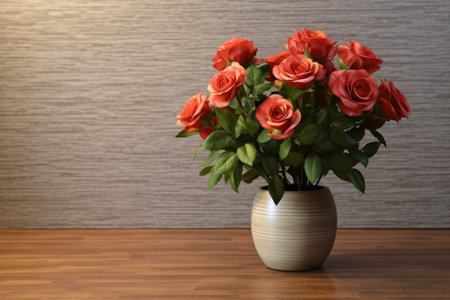 red roses in vase on wooden table and grey wall background.の素材