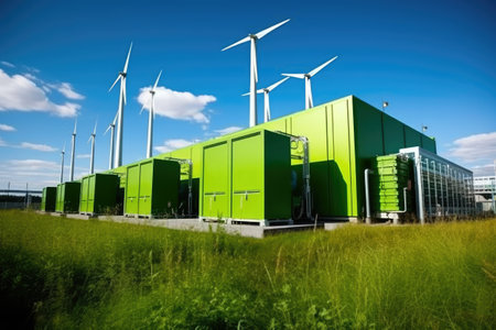 Green industrial wind turbines on the field. Renewable energy concept.の素材