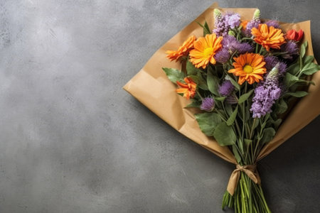 Beautiful bouquet of flowers on grey table, space for textの素材