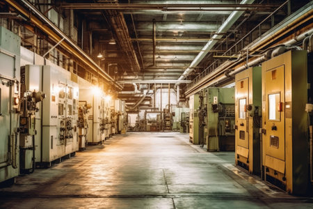 Industrial interior of a factory with equipment and machinery. Industrial backgroundの素材