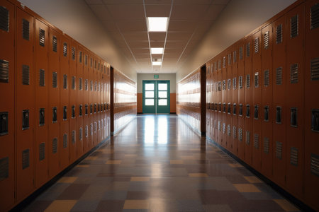 School corridor with orange lockers and door. 3D rendering.の素材