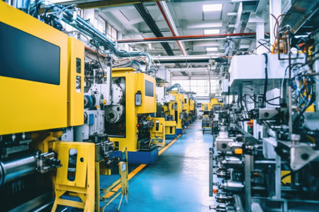 Modern automated production line in factory. Plastic bag manufacturing process. Industrial backgroundの素材