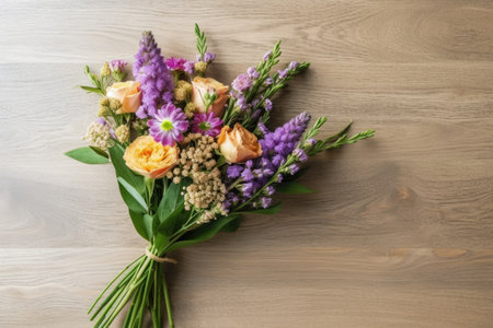 Bouquet of wildflowers on a wooden background, top viewの素材